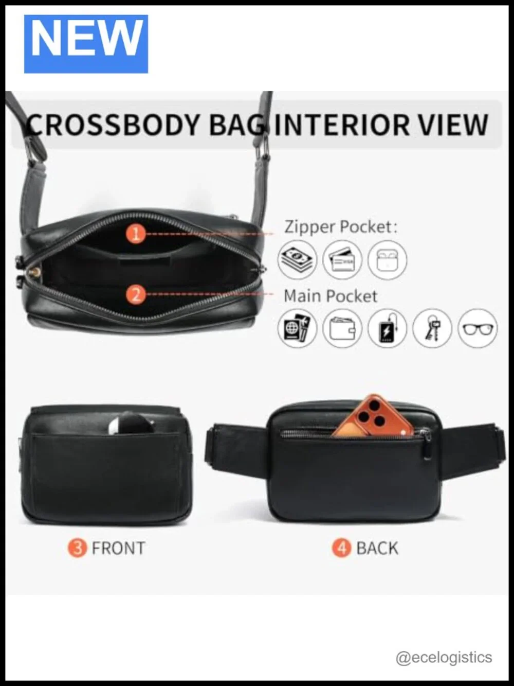Anti-Theft Crossbody Bag with Fingerprint Lock, Leather Travel Sling